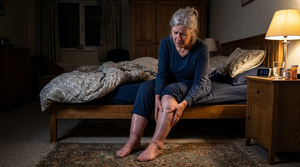 Woman sitting on the edge of her bed holding her aching leg at night