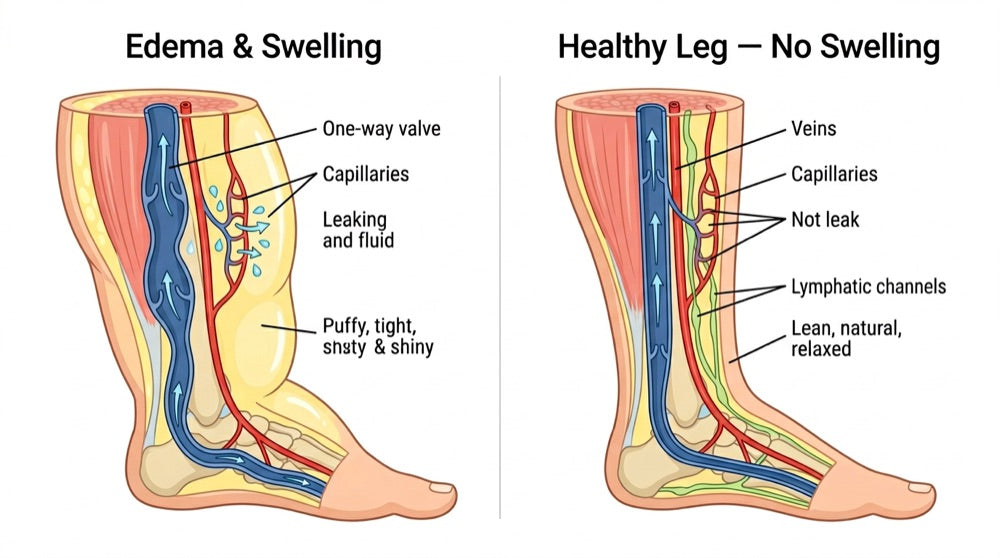 Diagram comparing a swollen leg with a healthy leg