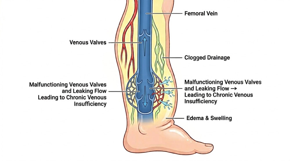 Diagram of malfunctioning venous valves causing chronic venous insufficiency